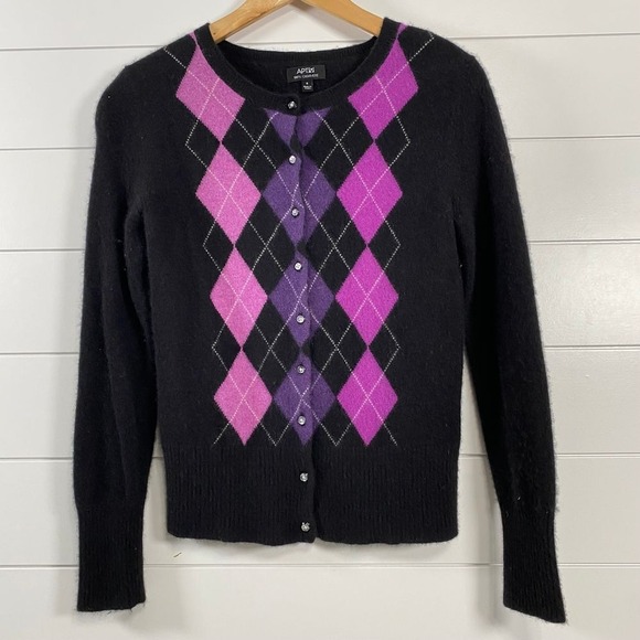 Apt. 9 Womens 100% Cashmere Argyle Cardigan Sweater sz S Black 90s Preppy Luxury - Picture 1 of 10